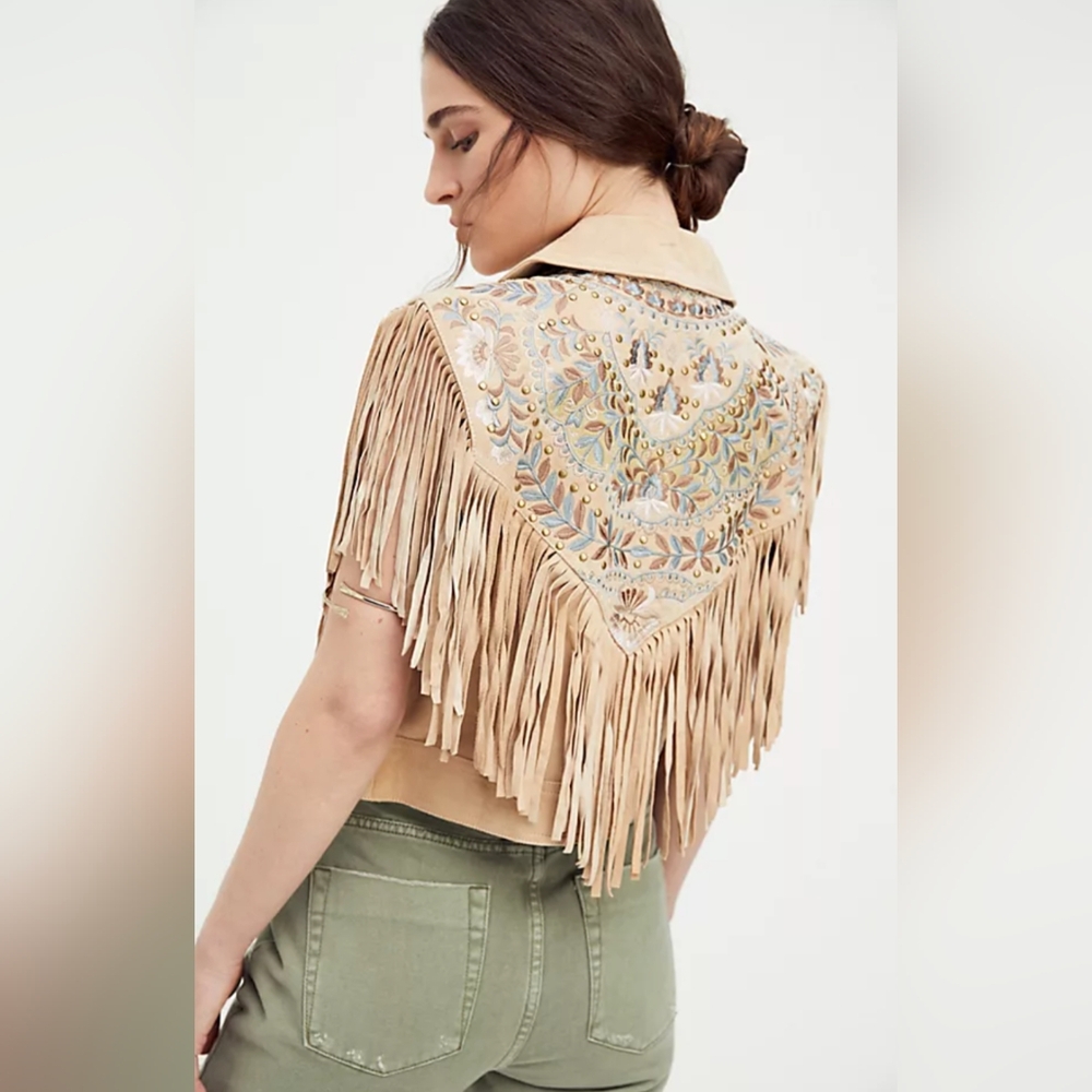 Free People Rider Festival Suede Waistcoat Fringe Embellished Vest S NWT